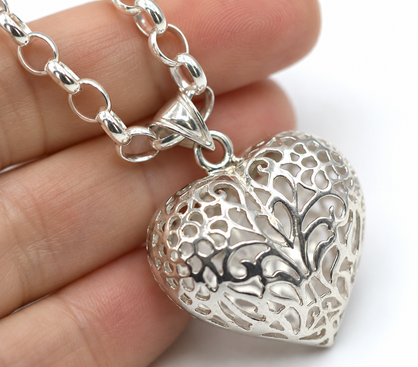 Sterling Silver 60cm Belcher Necklace & Filigree Bubble Heart Pendant