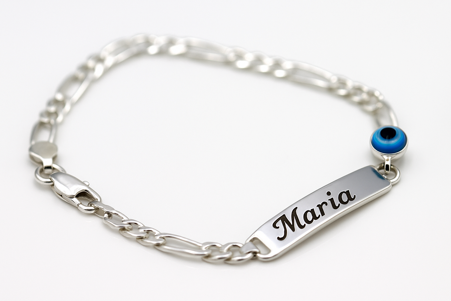 Genuine 925 Sterling Silver Mati Eye ID Engraveable Figaro Bracelet 17cm