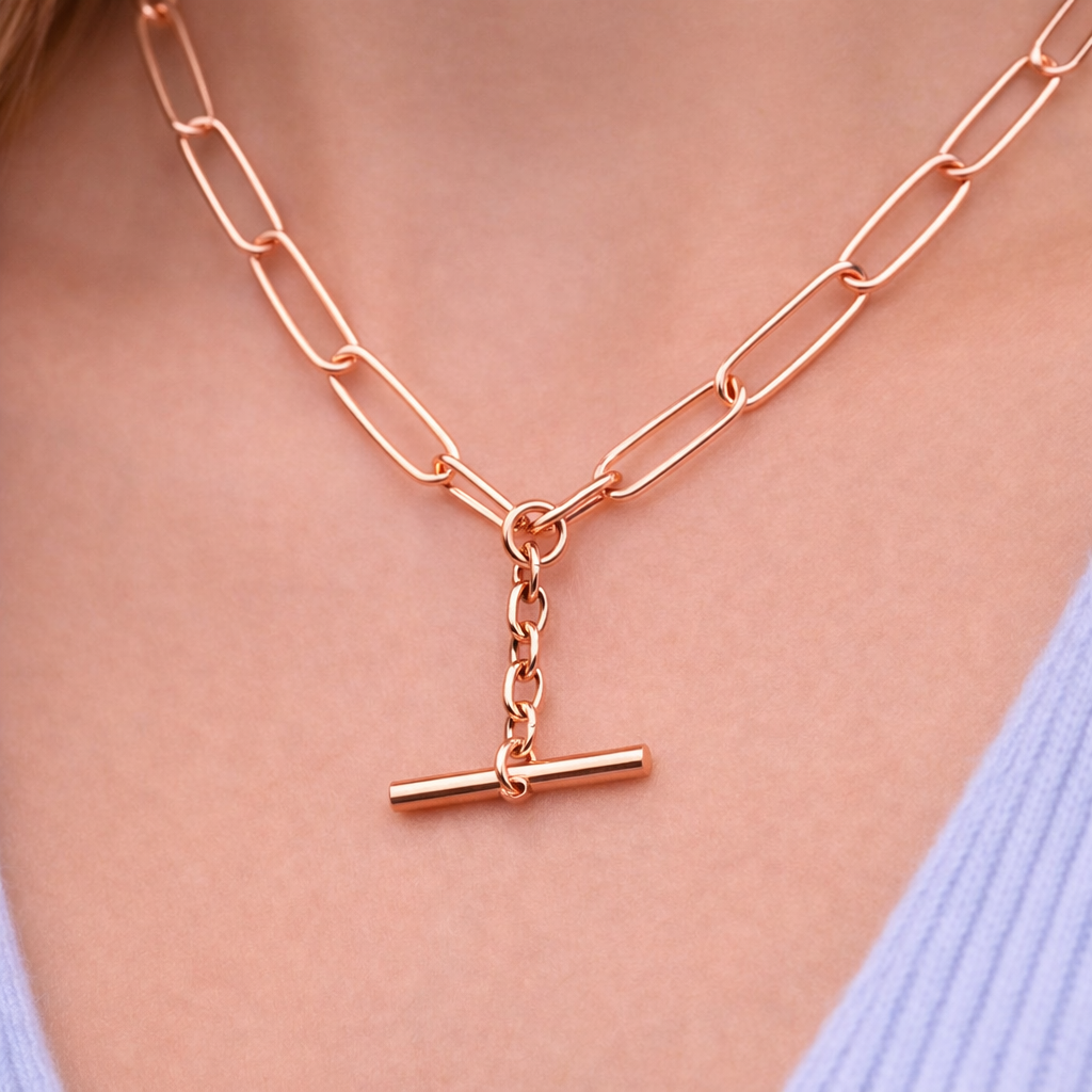 Genuine New Handmade PaperClip 9ct Yellow, Rose or White Gold Paper Clip Chain Necklace with T-Bar