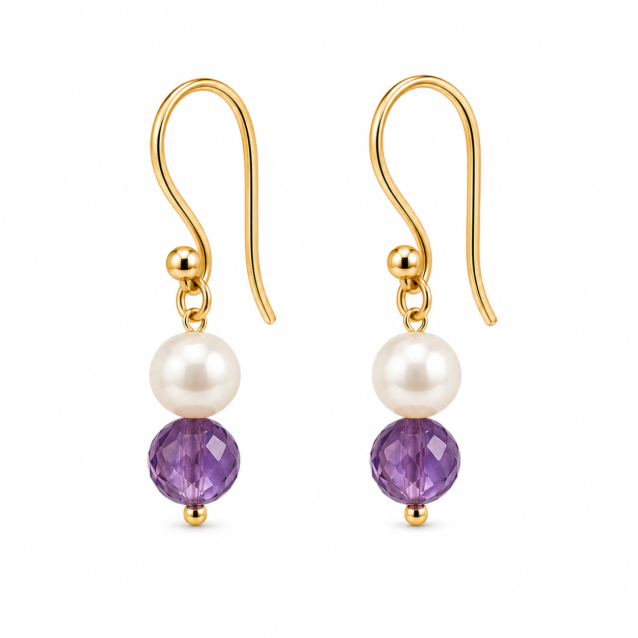 Genuine 9ct 9k 375 Yellow Gold Freshwater White Pearl + Amethyst Ball Earrings