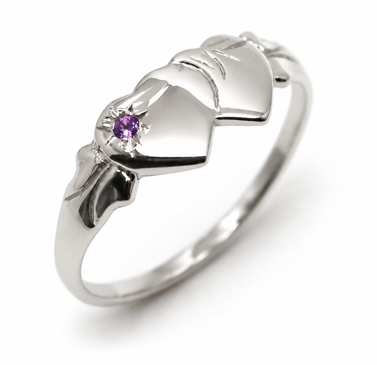 Genuine 9ct 9k 375 White Gold 375 Amethyst (Birthstone Of February) Double Heart Signet Ring Sizes P, Q, R, S, T (Copy)