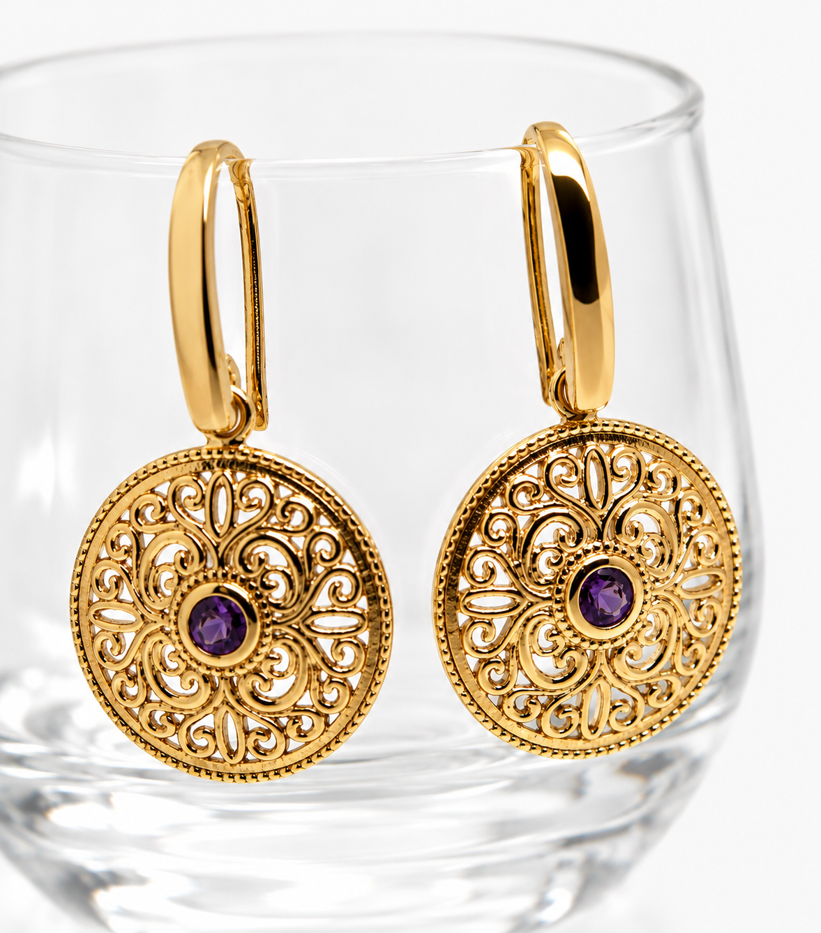 Kaedesigns 9ct 9k 375 Yellow, Rose or White Gold Amethyst Filigree Earrings