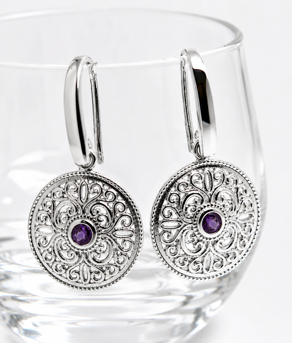 Kaedesigns 9ct 9k 375 Yellow, Rose or White Gold Amethyst Filigree Earrings