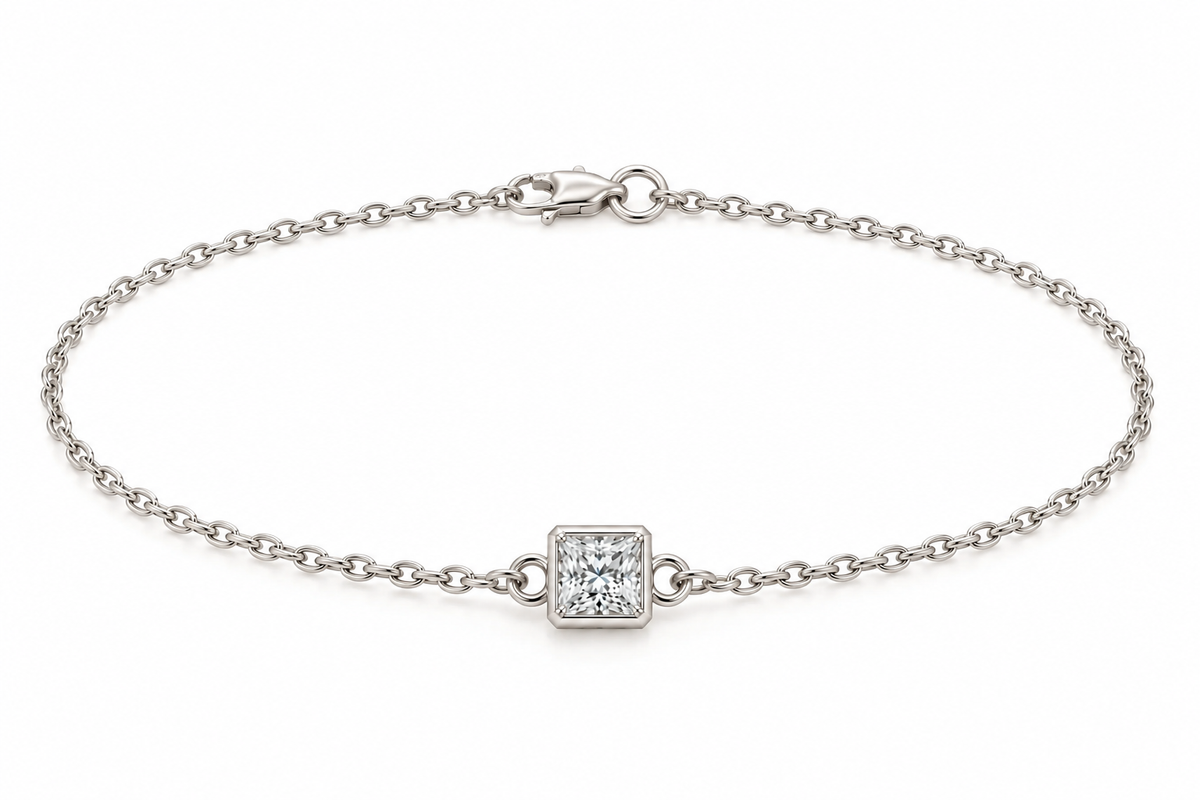 Genuine 9ct 9k 375 Yellow, Rose or White Gold Certified Lab Grown 1.2ct Diamond Princess Cut Belcher 20cm Bracelet