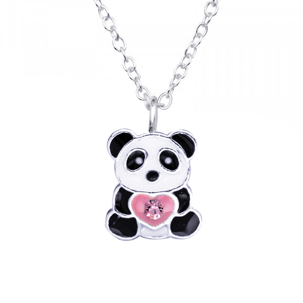 Sterling Silver 925 Black/White Enamel Panda with Pink Heart + Crystal