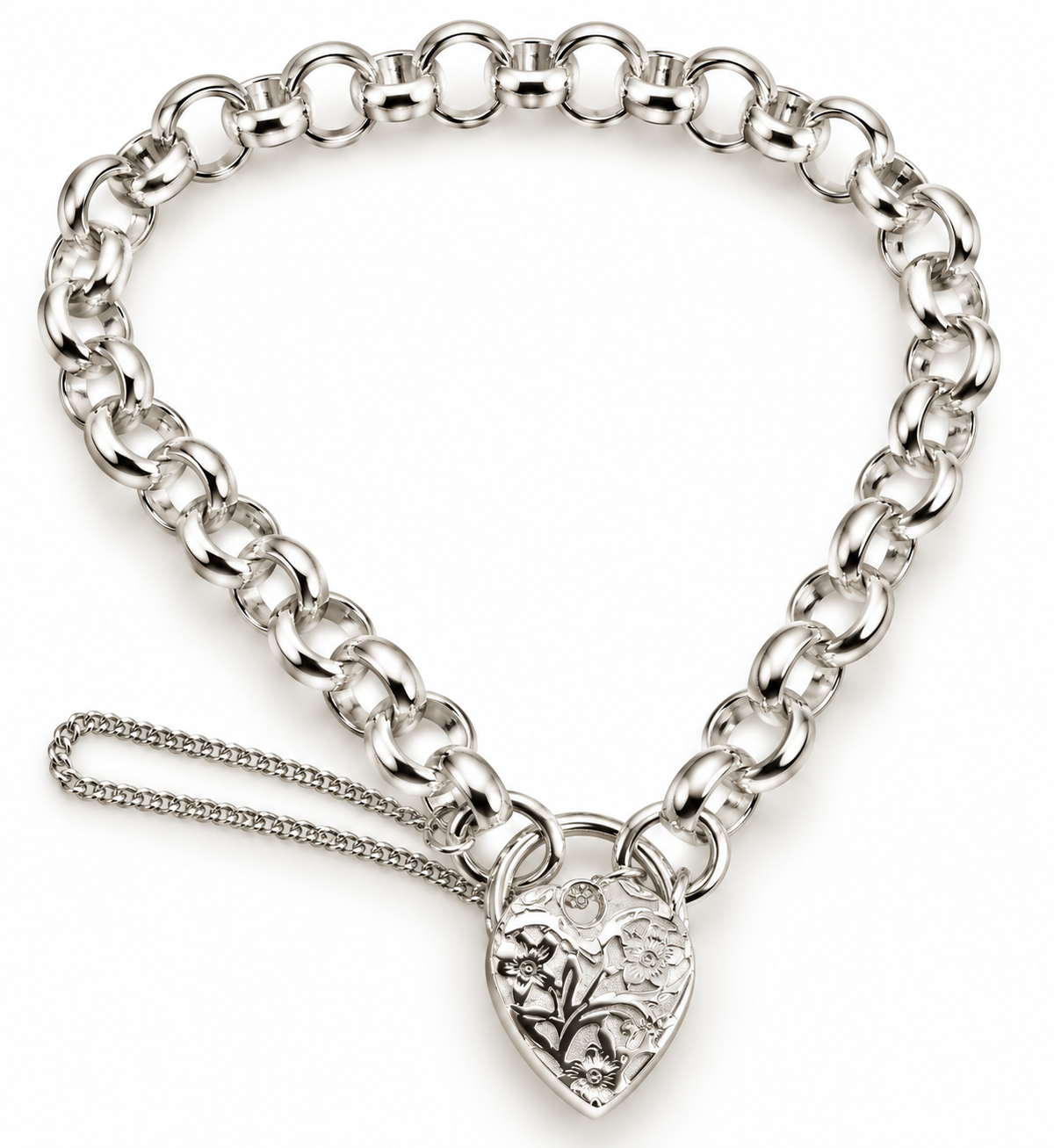 Sterling silver oval belcher bracelet with filigree heart padlock