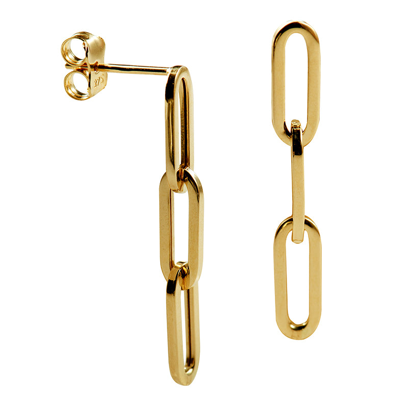 Genuine 9ct Yellow Gold Paper Clip Hook Triple Open Oval Studs Earrings