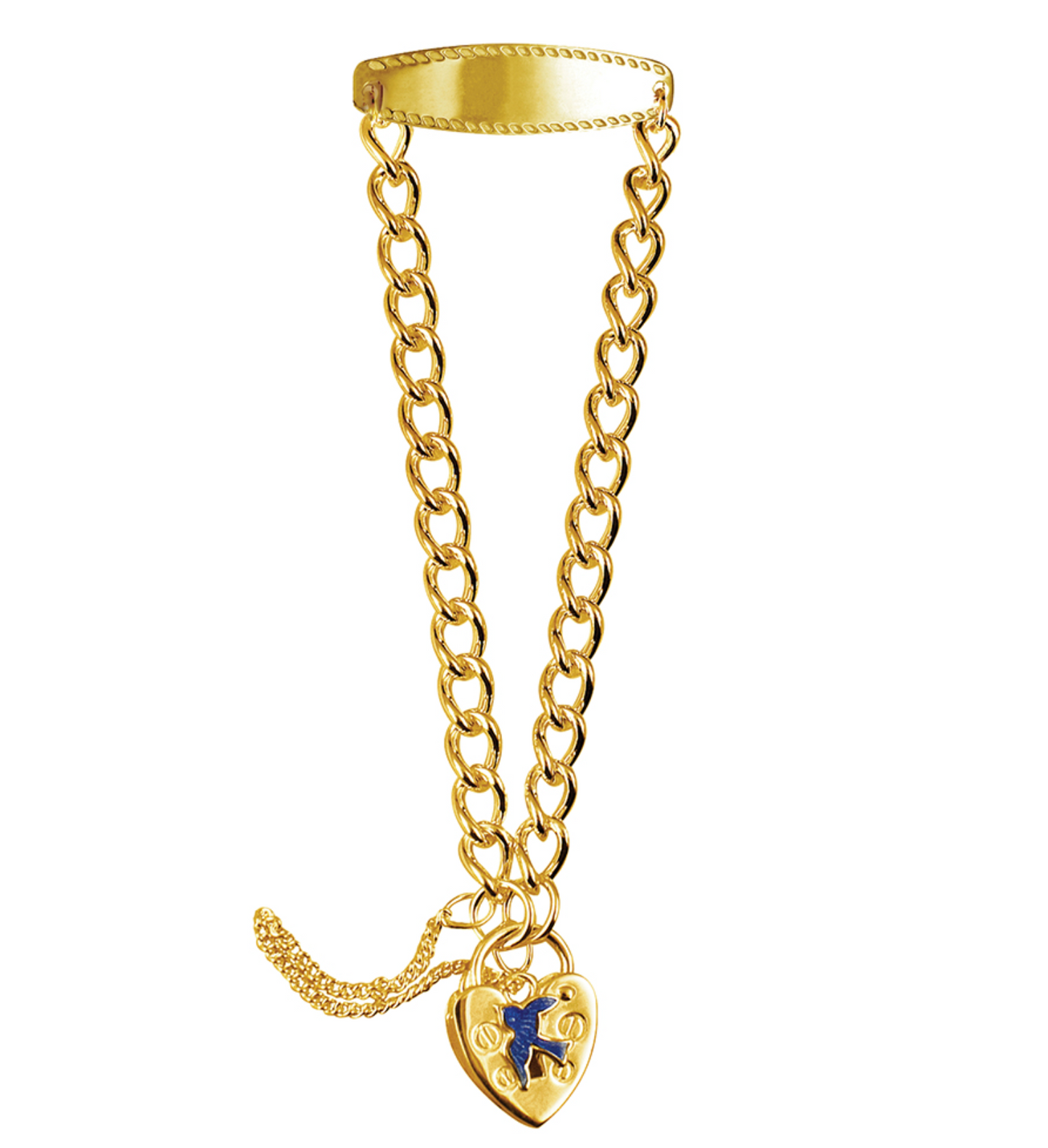 Genuine Sterling Silver or Gold Plated 925 Long Curb Child ID with Plain Heart Padlock and Blue Bird