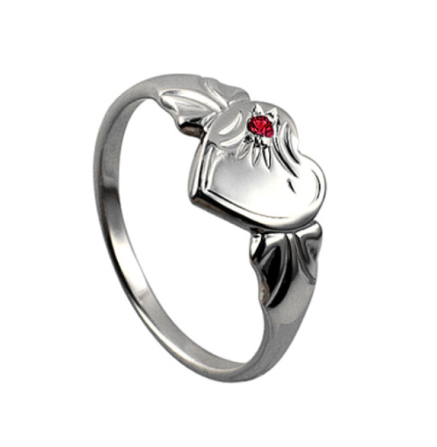 Sterling Silver 925 July Birthstone Heart Signet Ring + Ruby CZ
