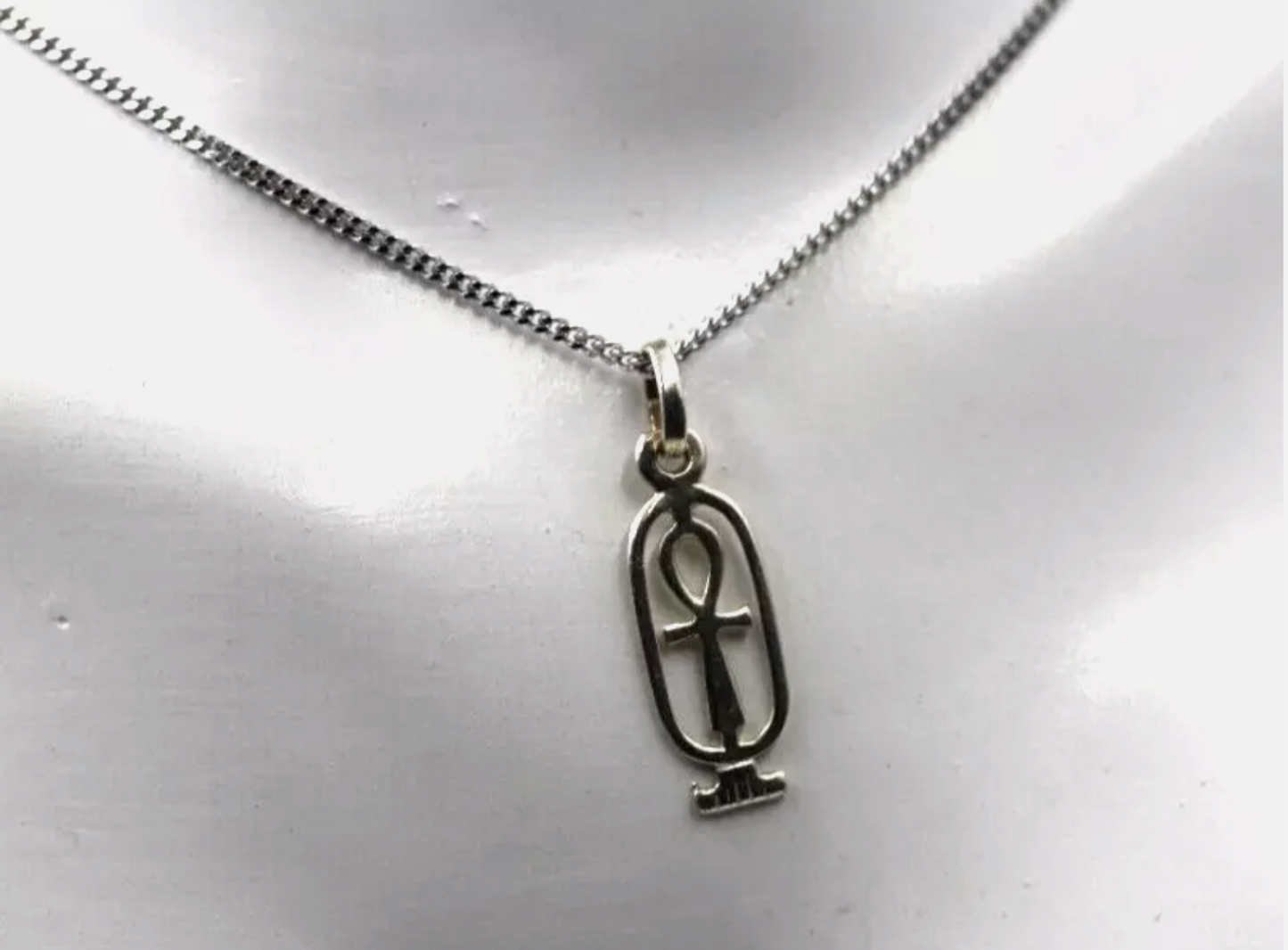 Sterling Silver 925 Cartouche In Ankh Charm / Pendant + 45cm Necklace