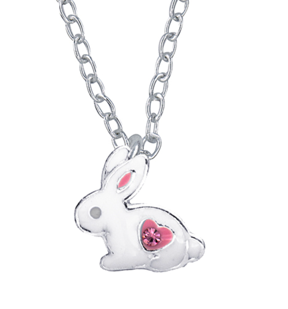 Genuine Sterling Silver 925 White Enamel Rabbit With Pink Heart + Crystal Pendant with 40cm Chain + 5cm Extender