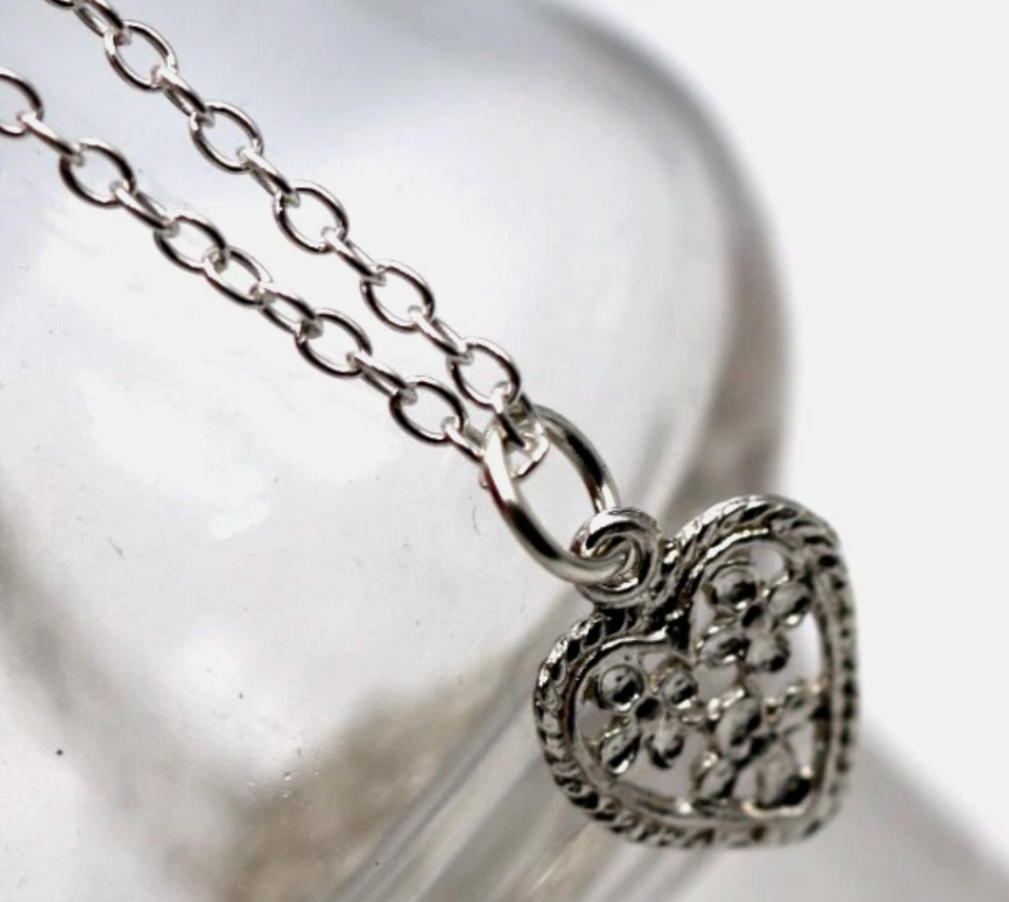 Sterling Silver 925 Filigree Heart Pendant + 45cm Necklace Chain