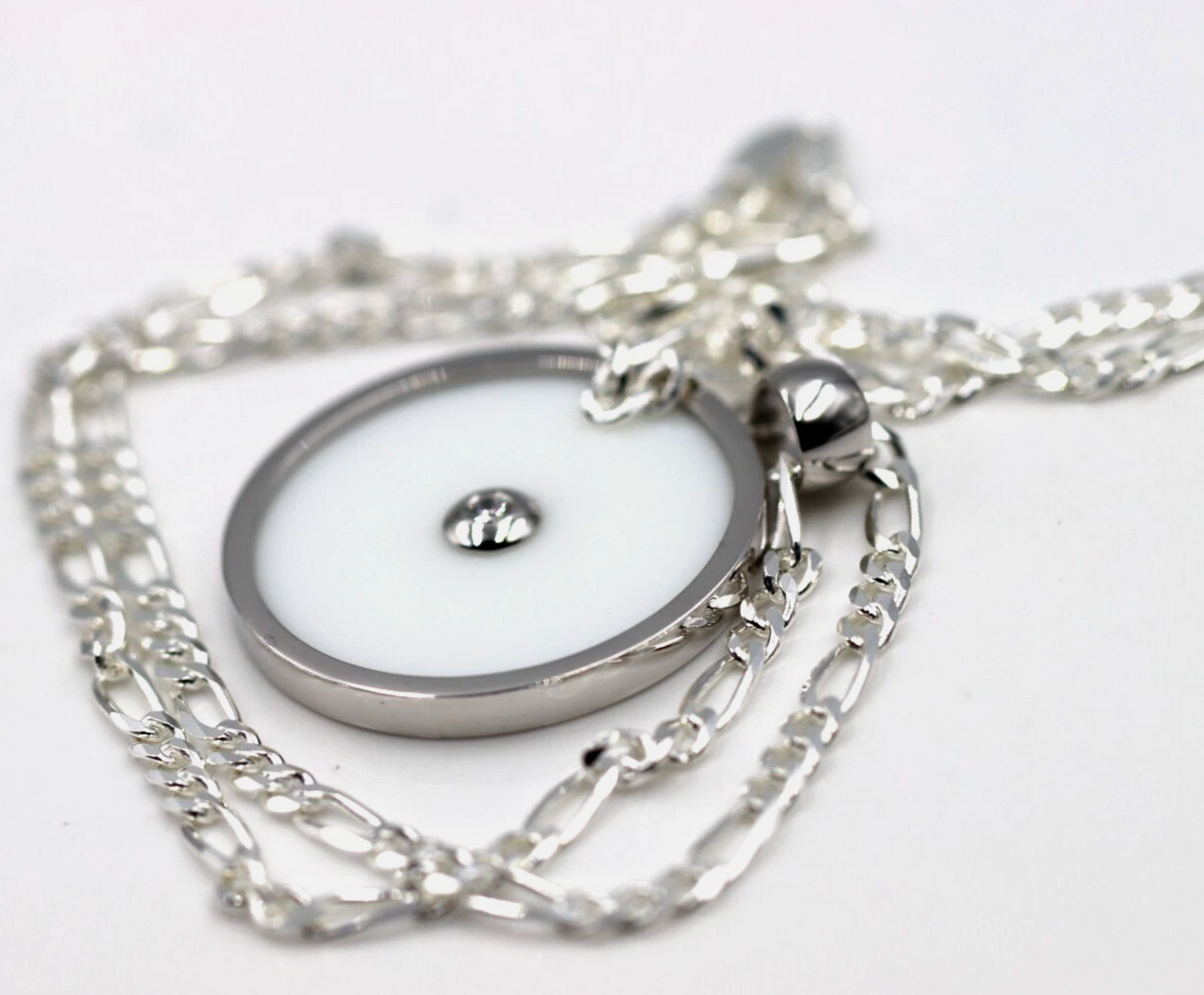 Sterling Silver 925 Large Round White Agate/White CZ Pendant + Chain