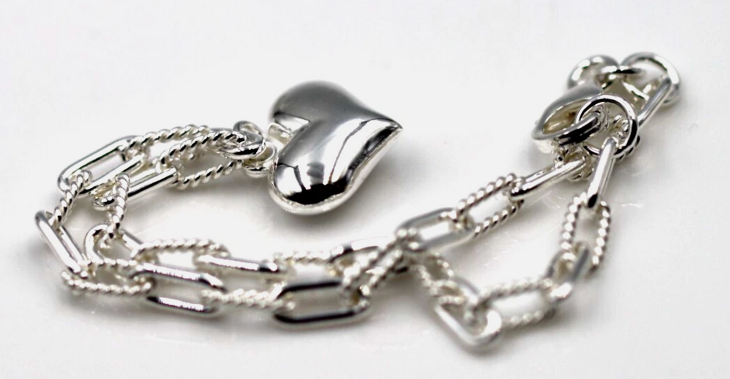 Genuine 925 Sterling Silver Fancy Paperclip Puff Heart 19cm Charm Bracelet