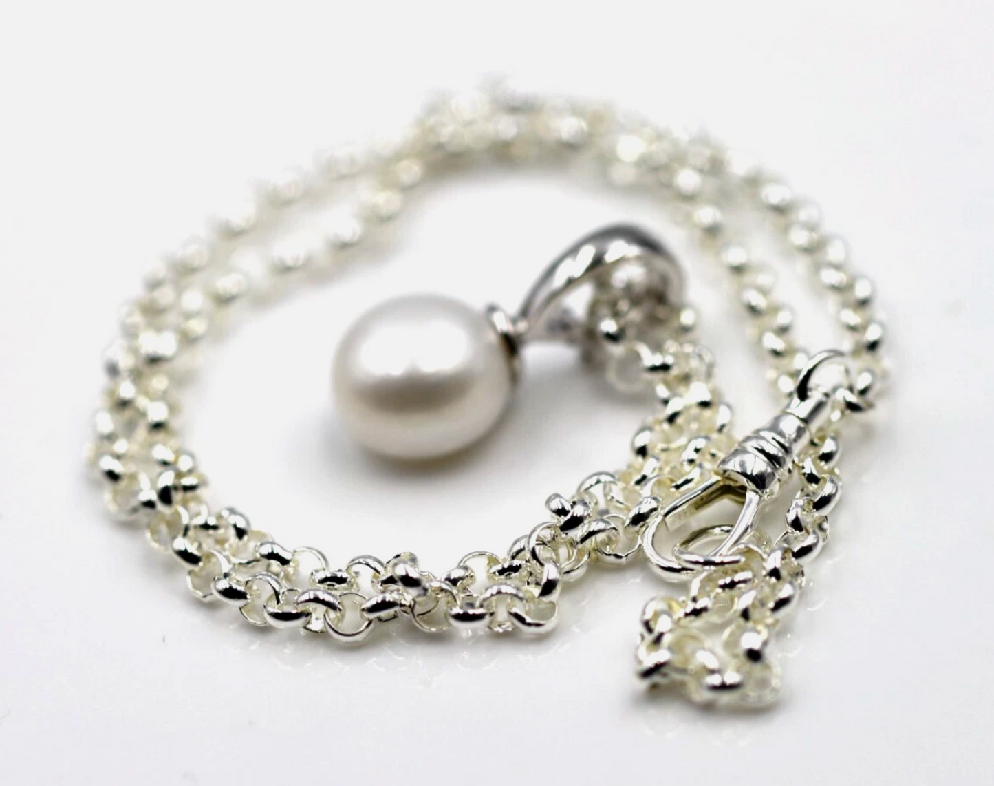 Sterling Silver 925 12mm Button Pearl Ball Pendant + Chain Necklace