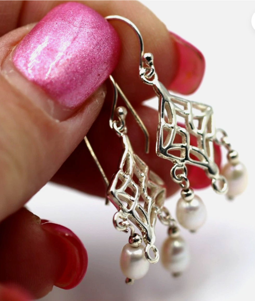 Sterling Silver 925 Freshwater Oval Pearl Chandelier Hooks Earrings