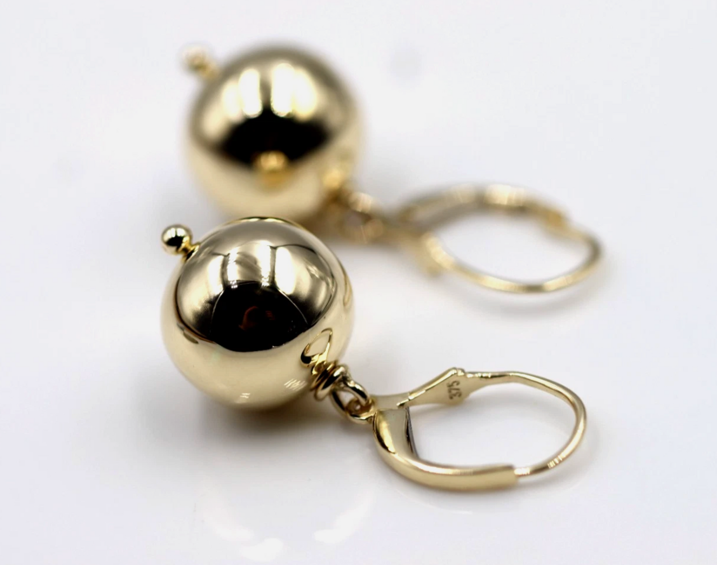 Kaedesigns Large 9ct 9K 375 Continental Hooks Yellow, Rose or White Gold 14mm Ball Earrings