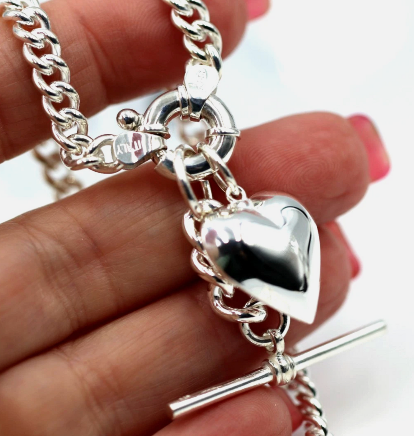 Heavy Sterling Silver 925 60cm Curb Kerb Chain Necklace 5.3mm + T-Bar + Heart