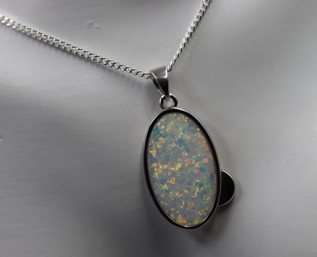 Sterling Silver 925 Oval Syn Opal Pendant + 50cm Necklace