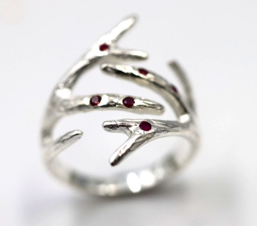 Size O / 7 Sterling Silver 925 Ruby Set Thorn Branch Ring
