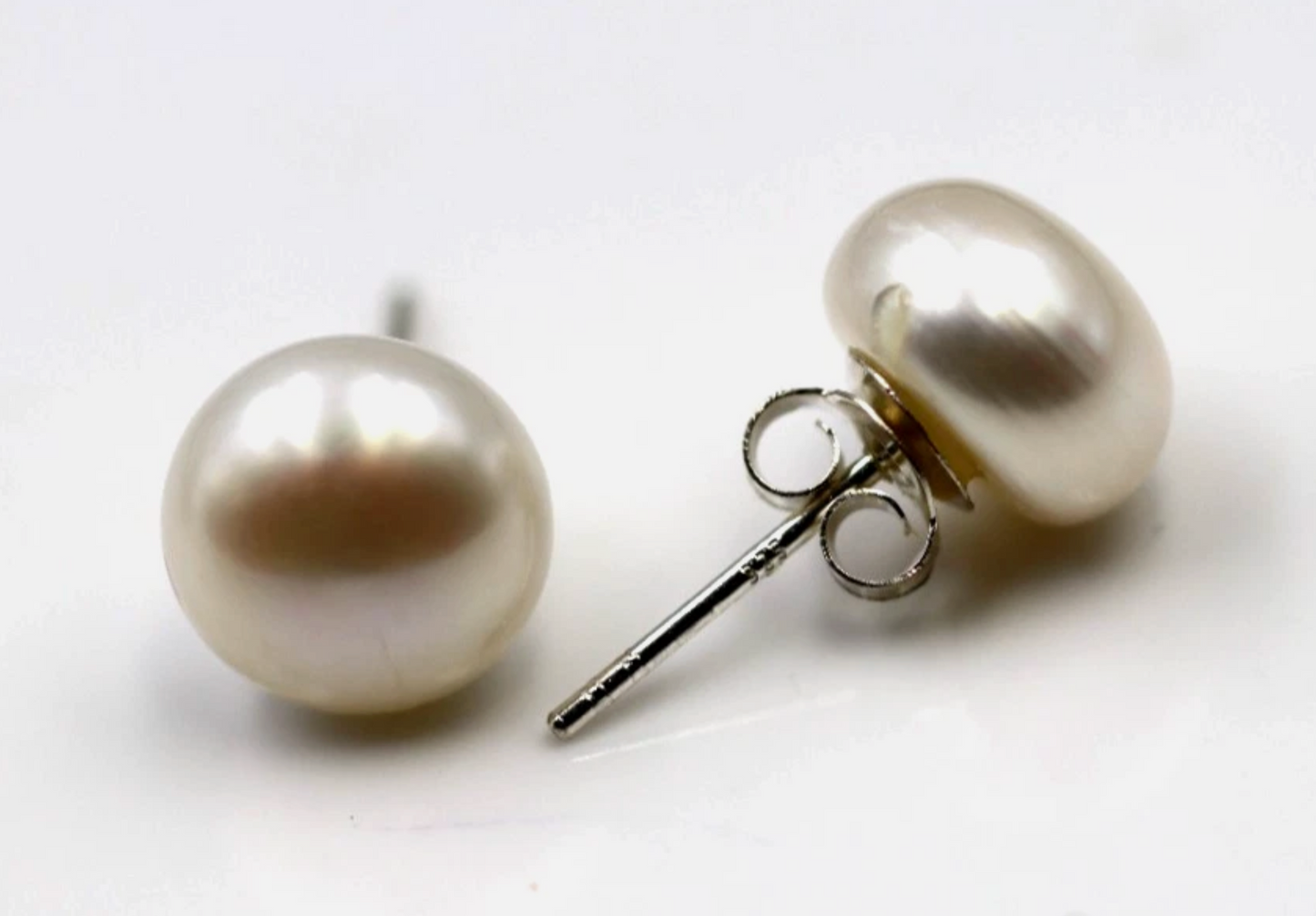 Sterling Silver 925 White Button 10mm Freshwater Pearl Stud Earrings