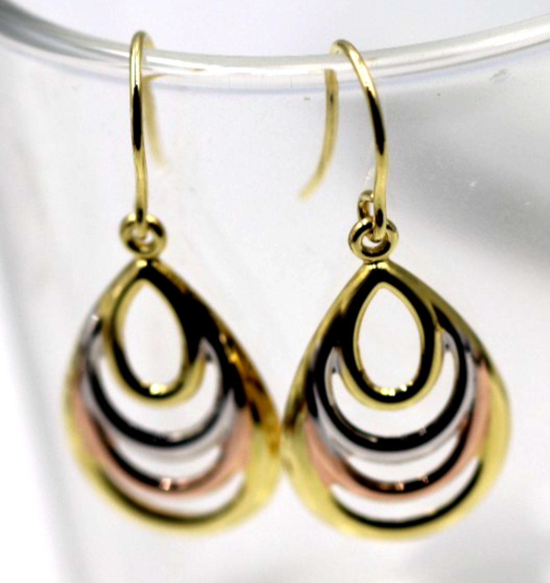 Genuine 9ct 9k 375 Yellow, Rose & White Gold 3 Tone Fancy Teardrop Earrings