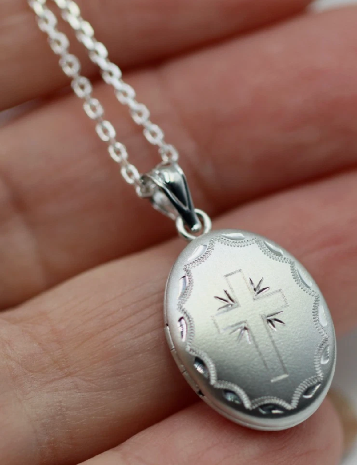 Genuine Sterling Silver 925 Oval Locket Cross Matte Finished + Chain