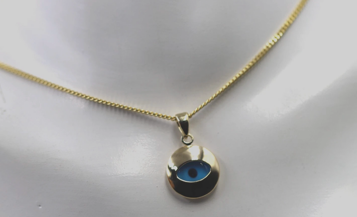 Genuine 9ct 9k Yellow Gold Curb Necklace / Chain + Greek Mati Nazar Lucky Evil Eye Charm