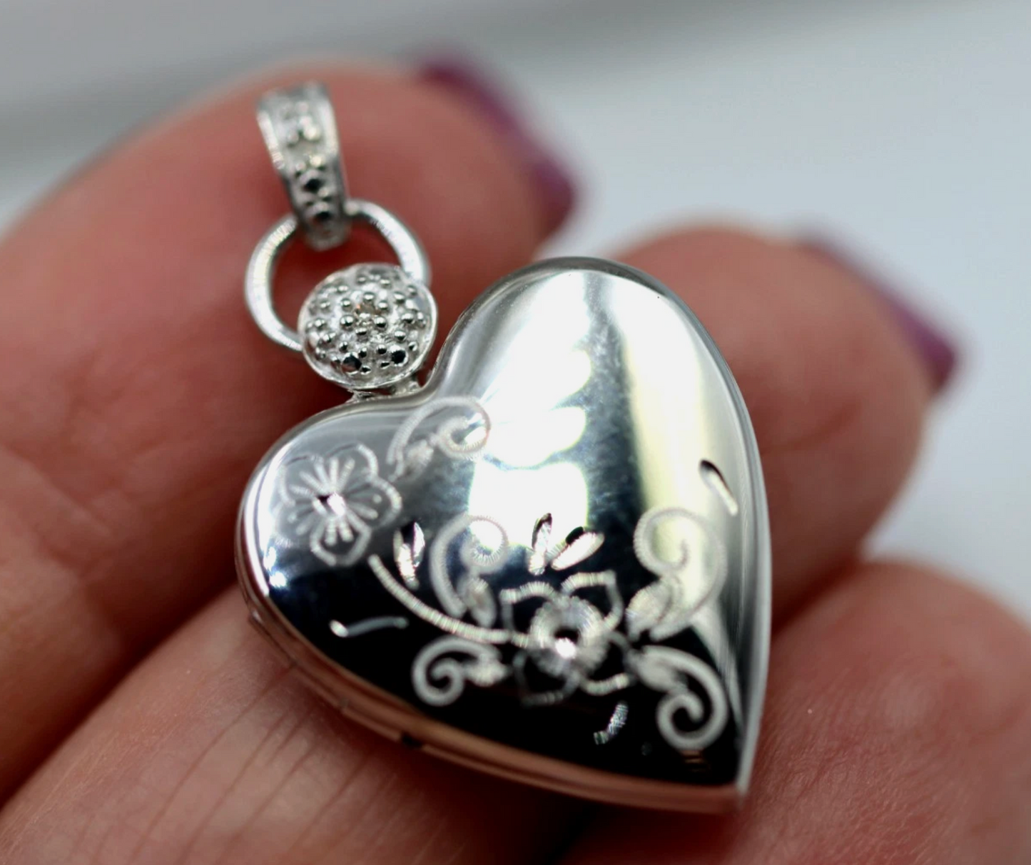 Sterling Silver 20mm Heart Locket + Flower Design & Decorative Bail