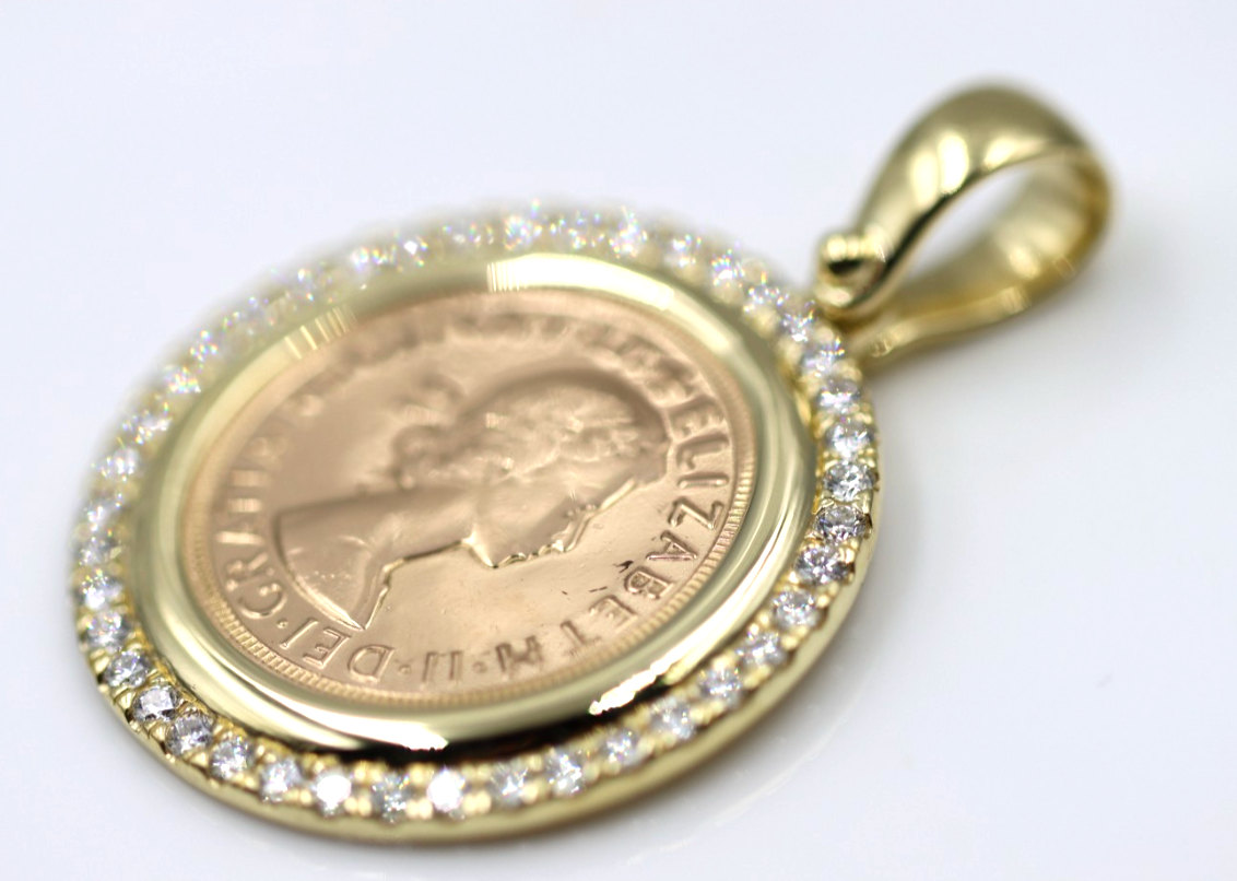 Genuine 18ct 18k 750 Yellow Gold Diamond Pendant with Full Sovereign (22ct) Coin