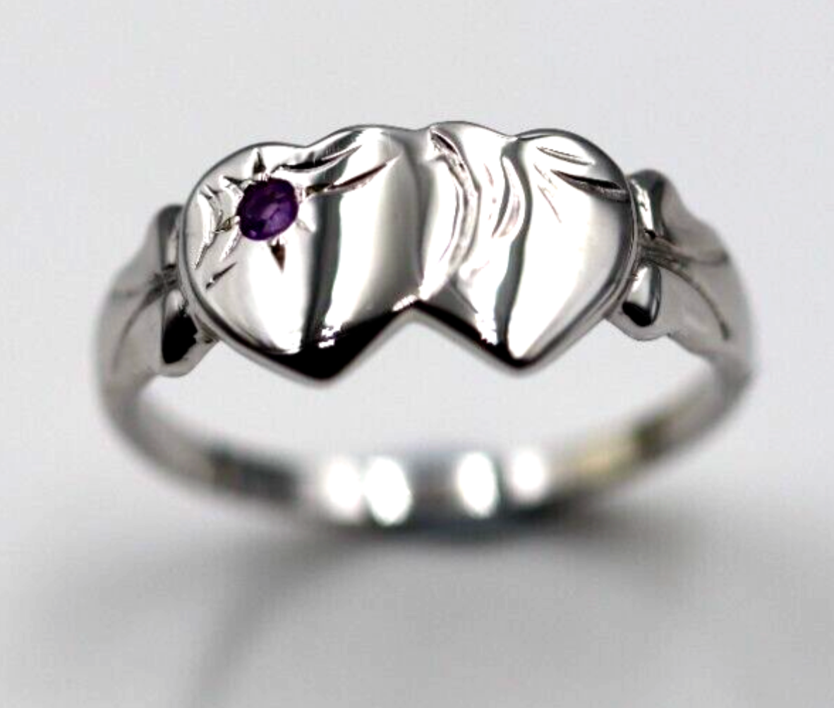Size Y 9ct Yellow, Rose or White Gold 375 Amethyst (Birthstone Of February) Double Heart Signet Ring