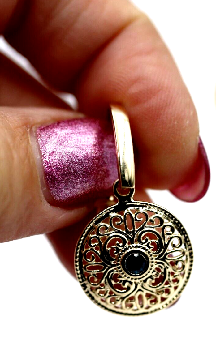 Genuine 9ct Solid Yellow, Rose or White Gold Blue Topaz Filigree Round Drop Earrings