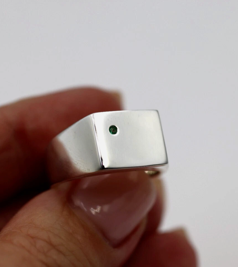 Genuine Emerald Set Sterling Silver 925 Rectangle Signet Ring