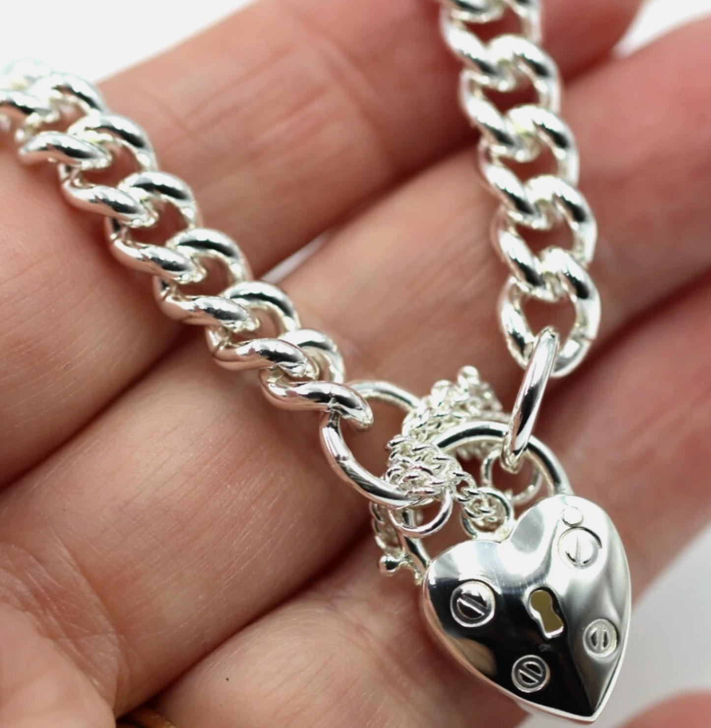 Sterling Silver 925 Round Curb Heart Screw Padlock Bracelet 19cm or 21cm 7mm wide