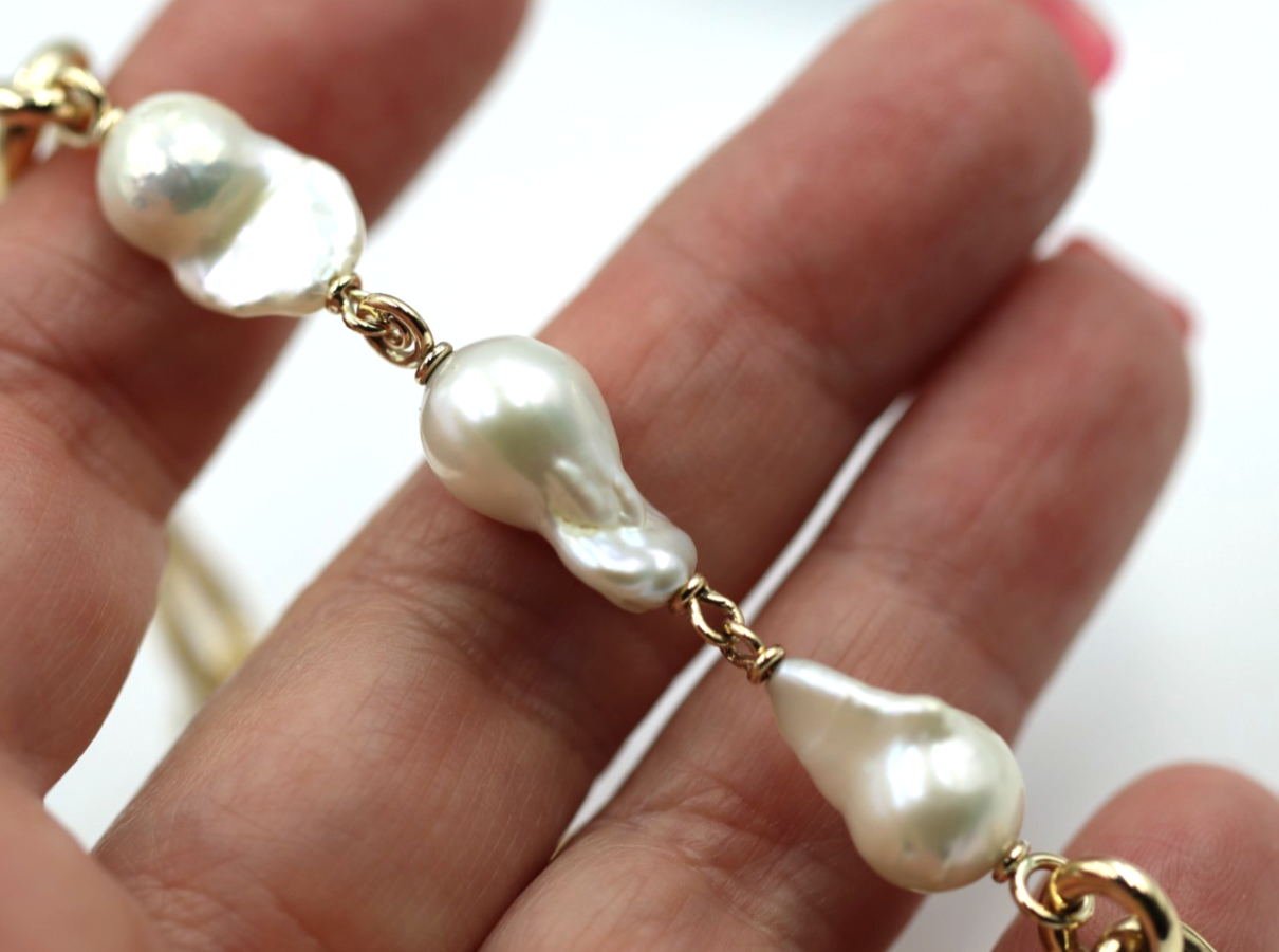 Genuine Solid 9ct 9K Yellow Gold Solid Baroque Pearl Heavy Bracelet 21.5cm