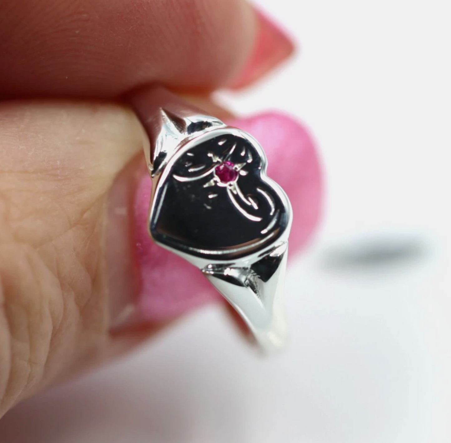 Genuine Large Sterling Silver Heart Set with Garnet Signet Ring - Choose your size