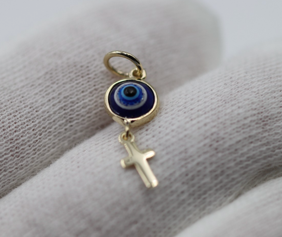 Genuine 9ct Yellow, Rose or White Gold Greek Mati Nazar Lucky 5mm Evil Eye + Cross Charm or Pendant