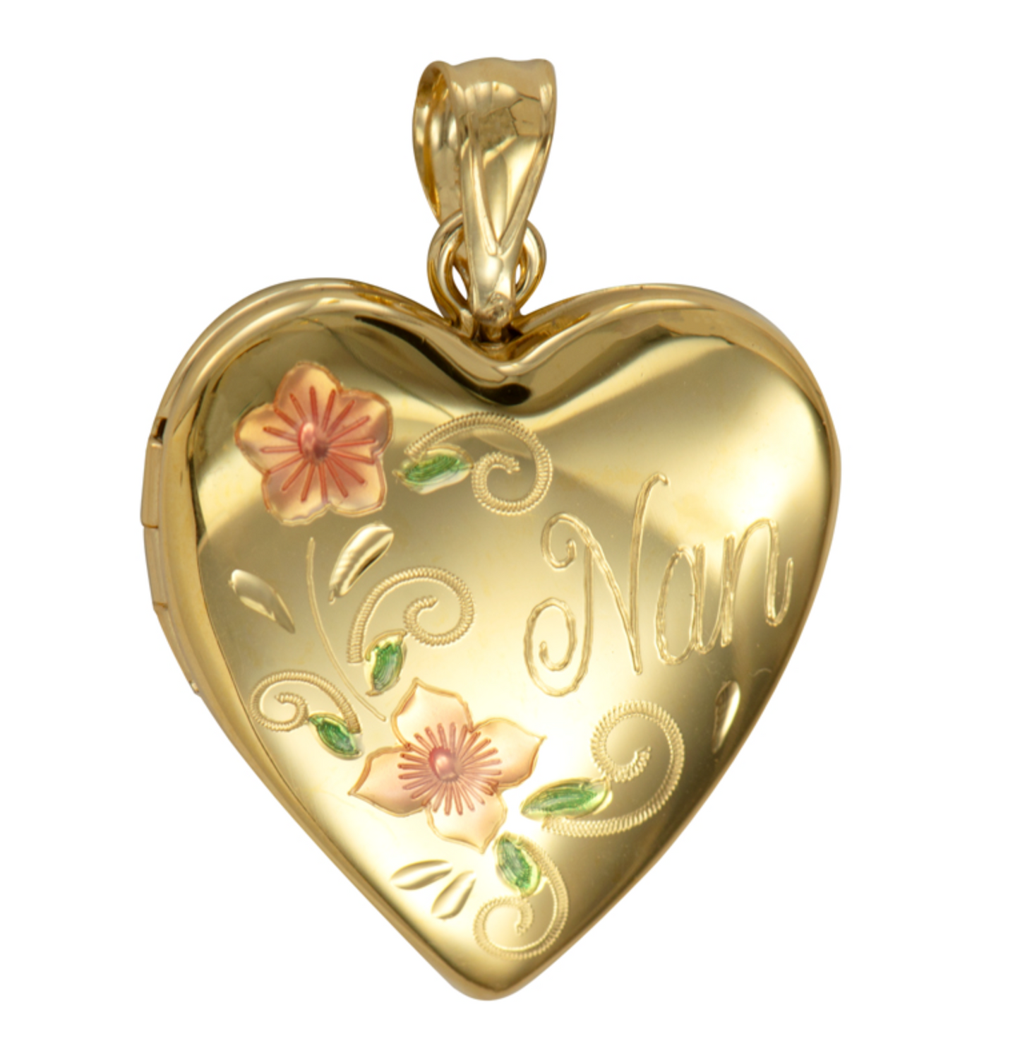 Genuine Sterling Silver Gold Plated or Sterling Silver 20mm ‘Nan’ Heart Locket with Enamel Flower Design Pendant