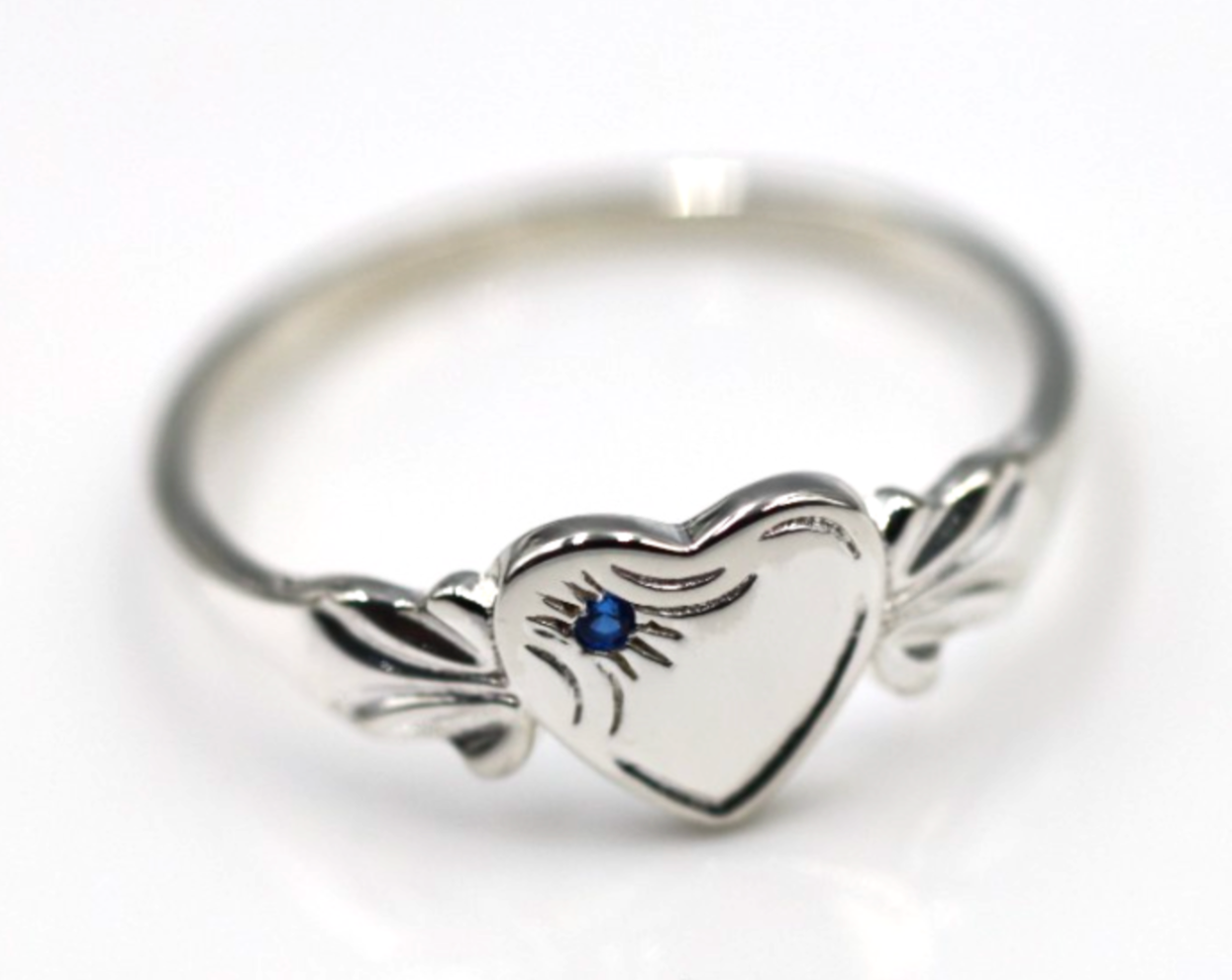 Sterling Silver 925 September Birthstone Heart Signet Ring + Blue Spinel/Sapphire CZ