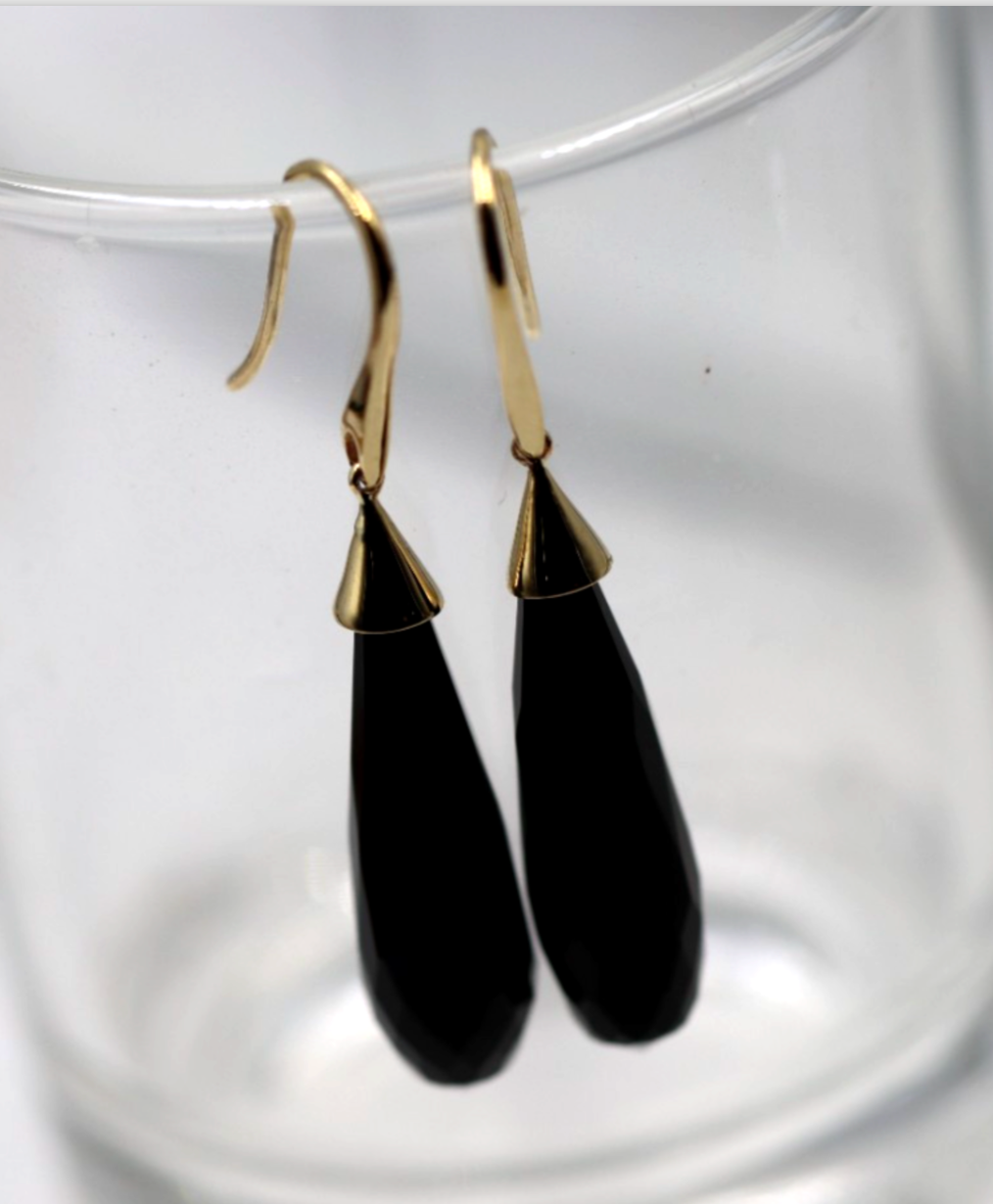 Genuine 9ct 9k 375 Briolette Black Onyx Tear Drop Earwires Earrings