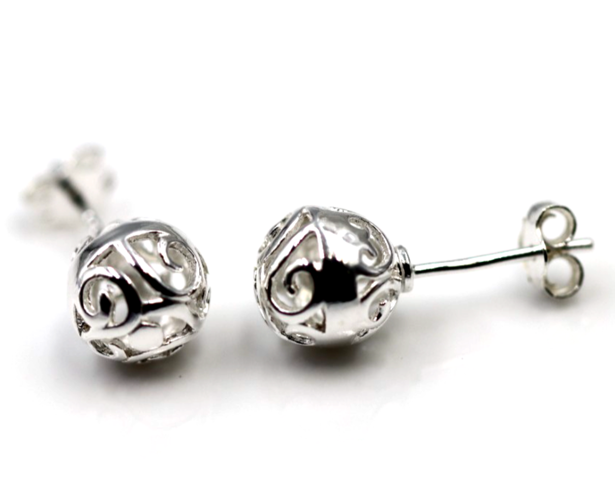 Genuine Sterling Silver 925 Full Ball 8mm Filigree Ball Studs Earrings
