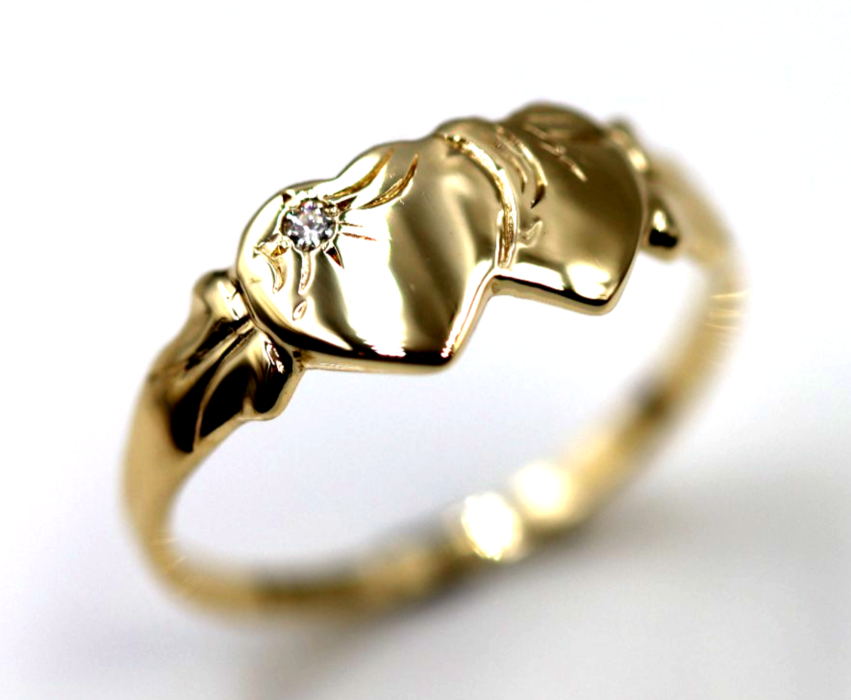Genuine 9ct 9k Yellow Gold Double Heart Lab Grown Diamond Signet Ring (choose your ring size F to 0)