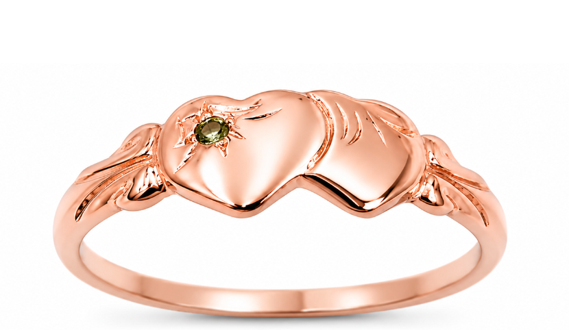 Genuine 9ct 9k 375 Yellow, Rose or White Gold Double Heart Signet Ring Peridot -August Birthstone