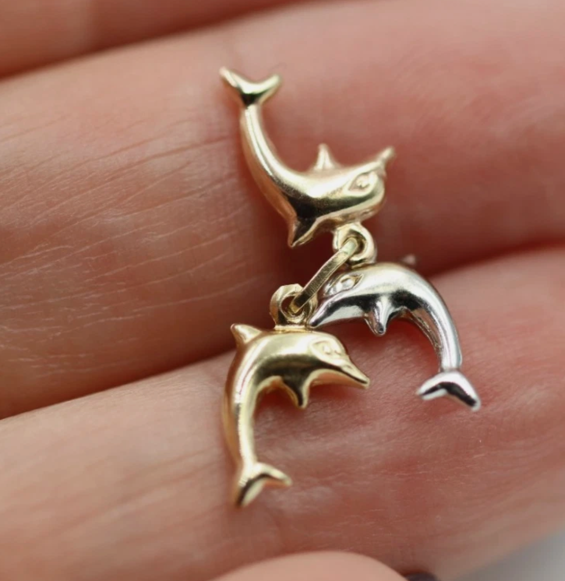 9ct Yellow, Rose & White Gold Triple Dolphin Pendant Charm