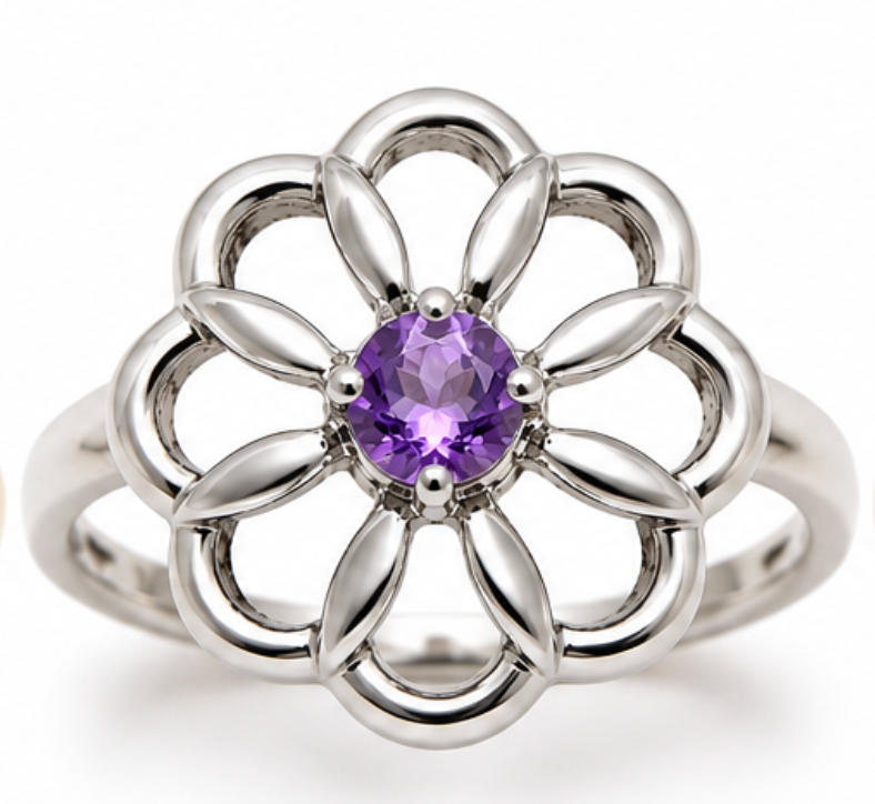 Genuine 9ct 9K 375 Yellow, Rose or White Gold Amethyst Stone Flower Ring - Choose your ring size H to P