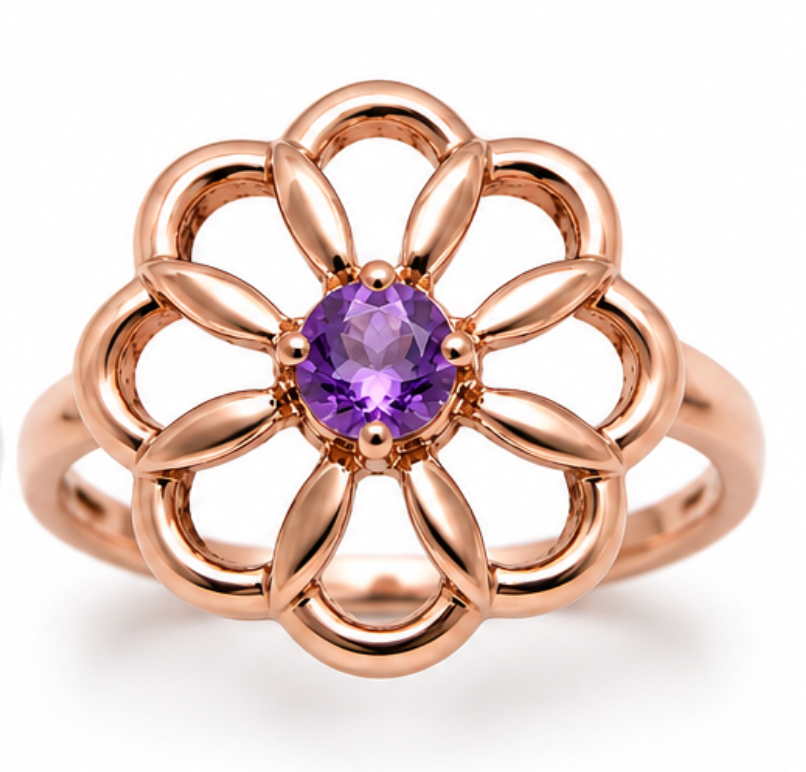 Genuine 9ct 9K 375 Yellow, Rose or White Gold Amethyst Stone Flower Ring - Choose your ring size H to P