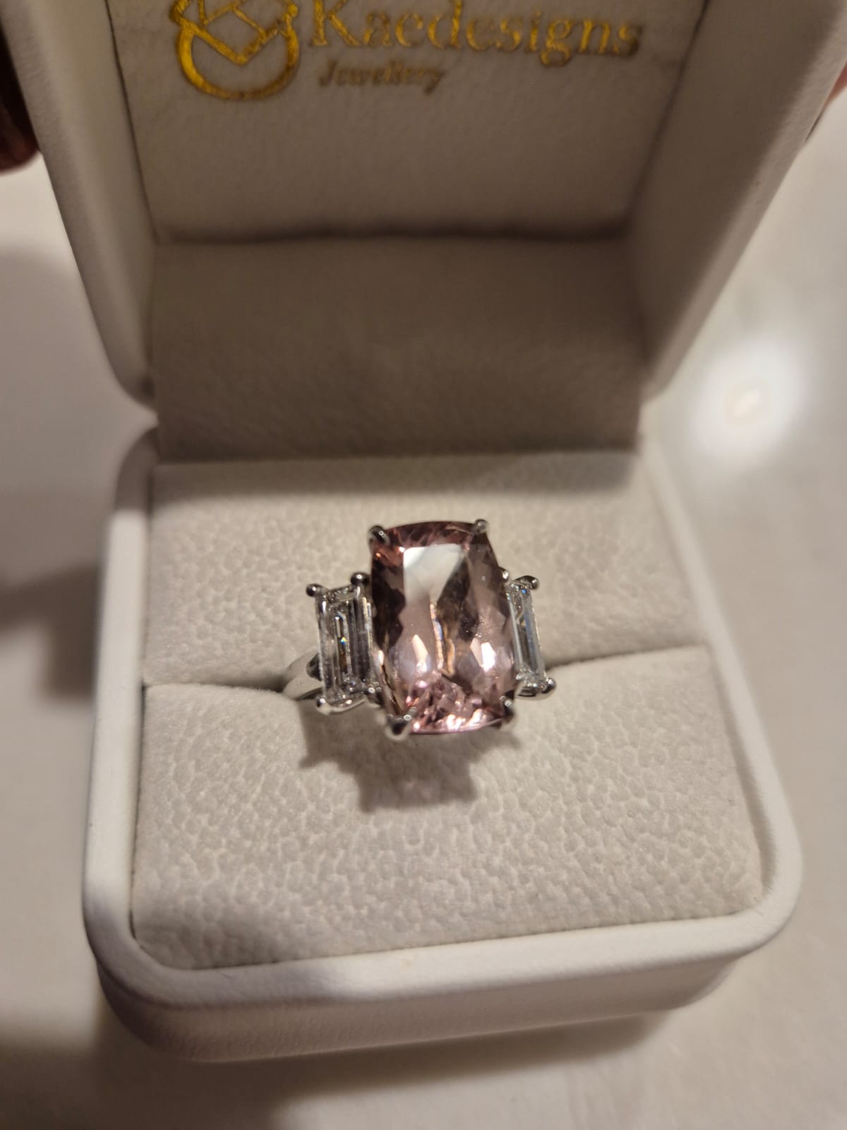 Genuine 18ct 18K White Gold - Size N - Pink Morganite Cushion 14x9mm (5.38cts) + Princess Cut Diamonds Lab Grown 7mm x 4mm Dress Ring