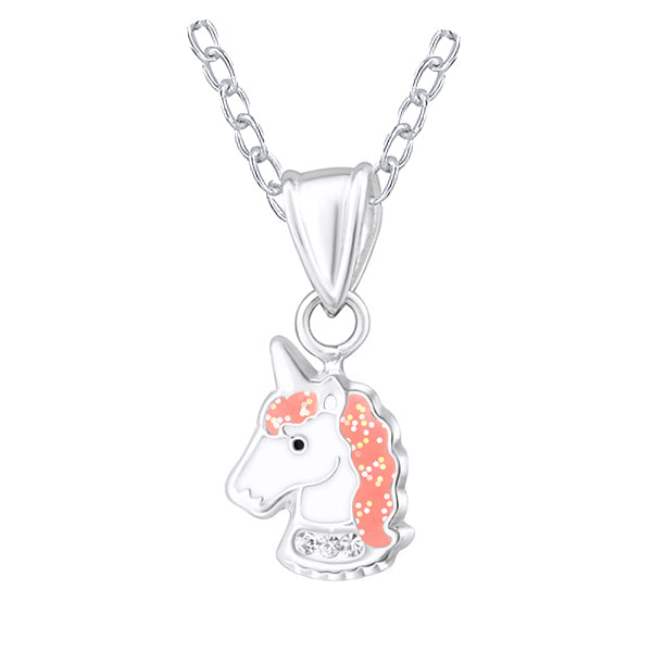 Sterling Silver 925 Enamel Unicorn Pendant with Crystals and Glitter with 40cm Chain + 5cm Extender Necklace