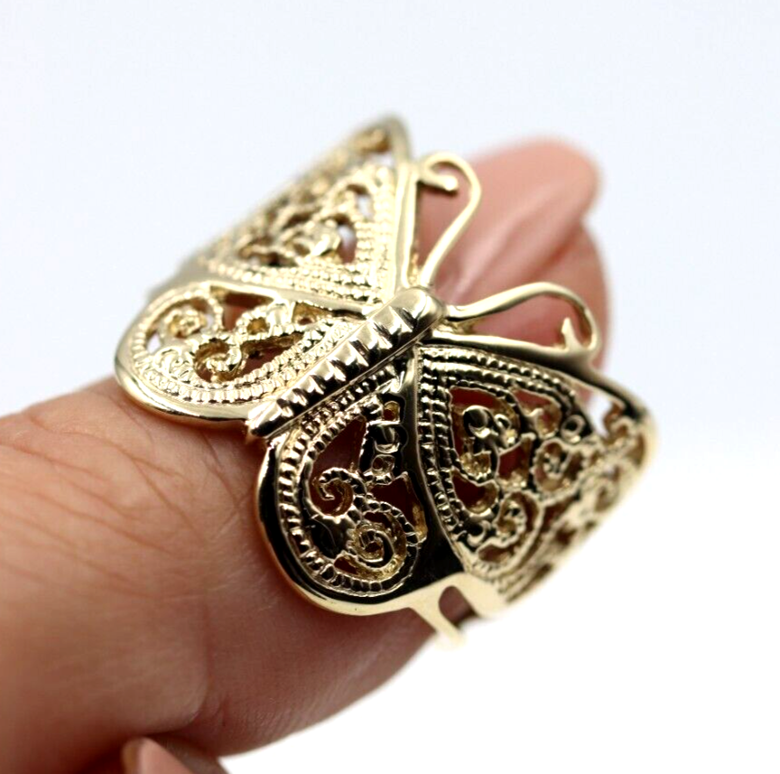 Large Solid 9ct Yellow, Rose or White Gold Filigree Butterfly Ring - Choose your size