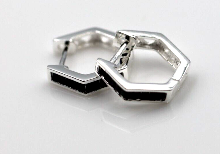 Kaedesigns Genuine Sterling Silver 925 Black CZ Hexagon Huggies Earrings
